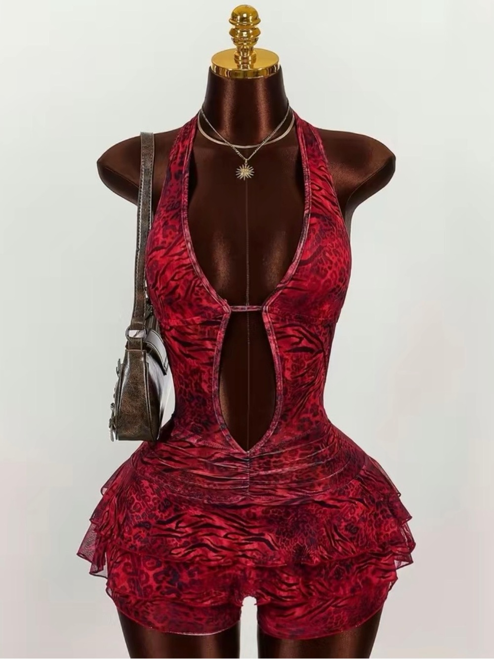 Women’s leopard print halter neck deep v neck bodysuit